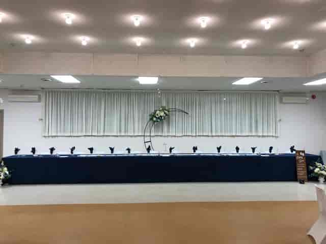 Elegant head table in Belleville Fish and Game Club for a formal event.