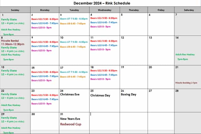 Wolf Willow Room calendar showcasing community events, family skate, and holiday activities.