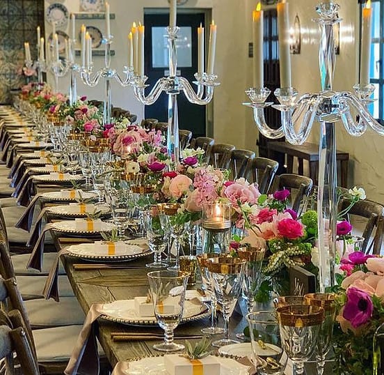 Elegant dining table at Café Wisteria, perfect for weddings and corporate events.