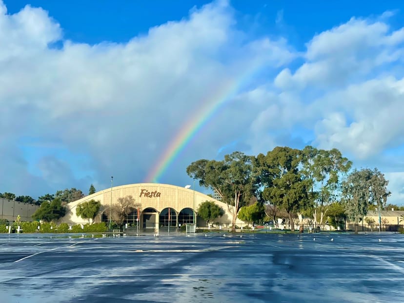 Rainbow over Meeting Pavilion at San Mateo County Event Center, ideal for outdoor gatherings.