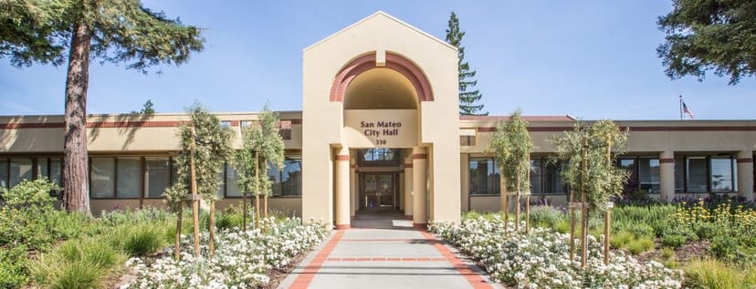 San Mateo City Hall facade with elegant entrance, perfect for community events.