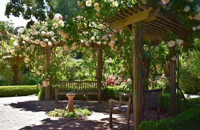 Kohl Pumphouse with a flower-draped pergola for outdoor weddings and meetings.