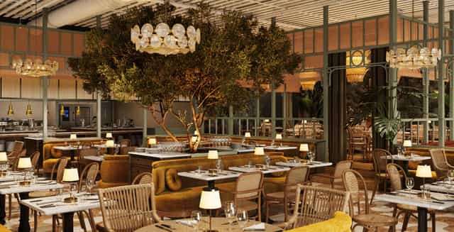 Dining area at Martins West Gastropub with central tree, ideal for upscale events and gatherings.