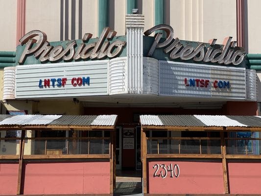 Presidio Theatre exterior with vintage marquee, perfect for film screenings and events.