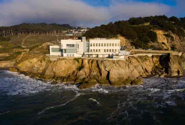 Outdoor patio at Cliff House, featuring modern architecture for weddings and events.