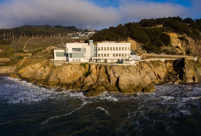 Outdoor patio at Cliff House, featuring modern architecture for weddings and events.