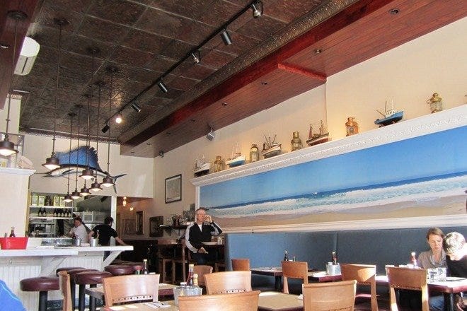 Stylish Woodhouse Fish Co. restaurant interior with nautical decor for gatherings and meetings.