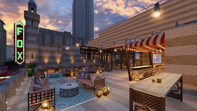 Rooftop balcony event space with stylish seating for meetings and gatherings