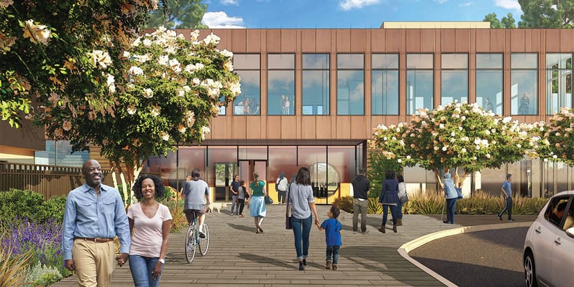 Onetta Harris Community Center: modern event space with lush landscaping in Menlo Park.