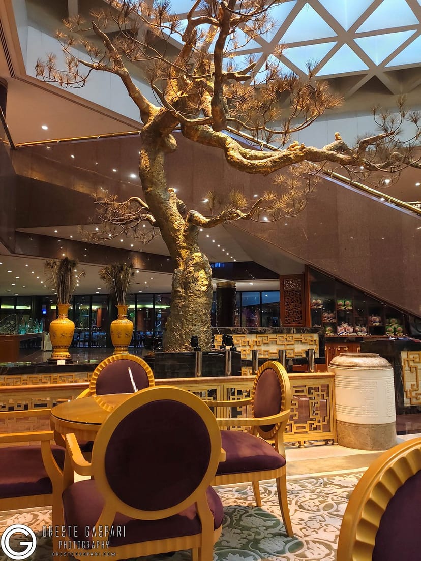 Elegant Beijing restaurant interior with feature tree, perfect for corporate events and gatherings.