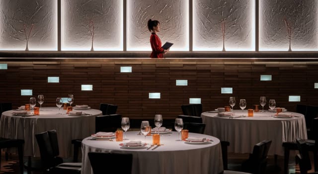 Upscale dining area with elegant tables, ideal for corporate dinners and private events.