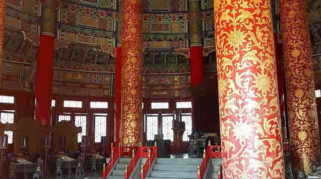 Hall of Prayer interior with ornate columns, ideal for cultural events and conferences.