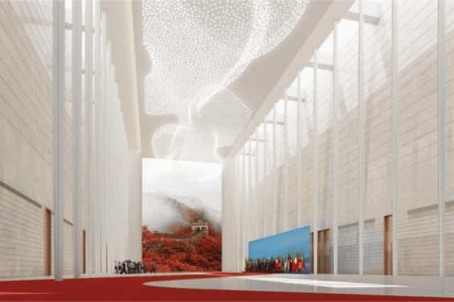 Modern conference room with striking ceiling design at China National Convention Center.