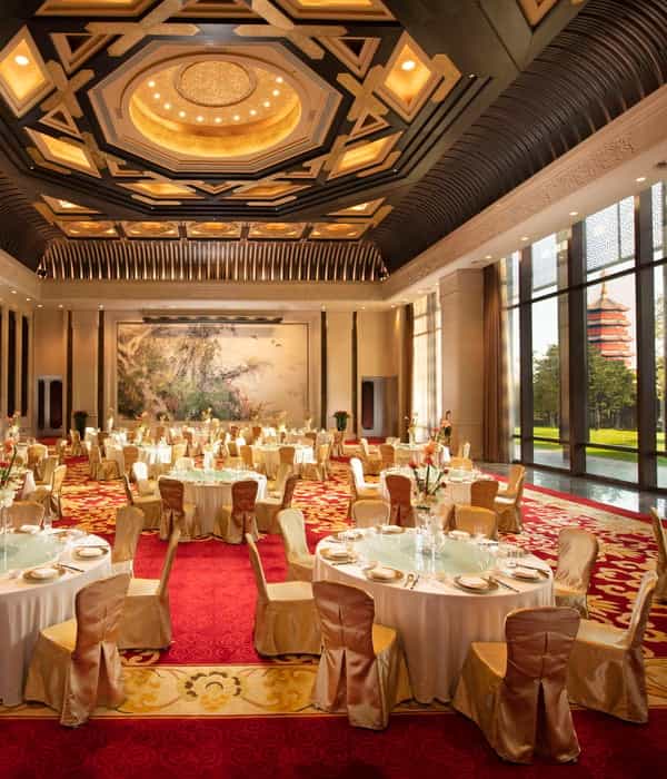 Elegant Grand Ballroom at Beijing Yanqi Lake for sophisticated gala dinners and events.