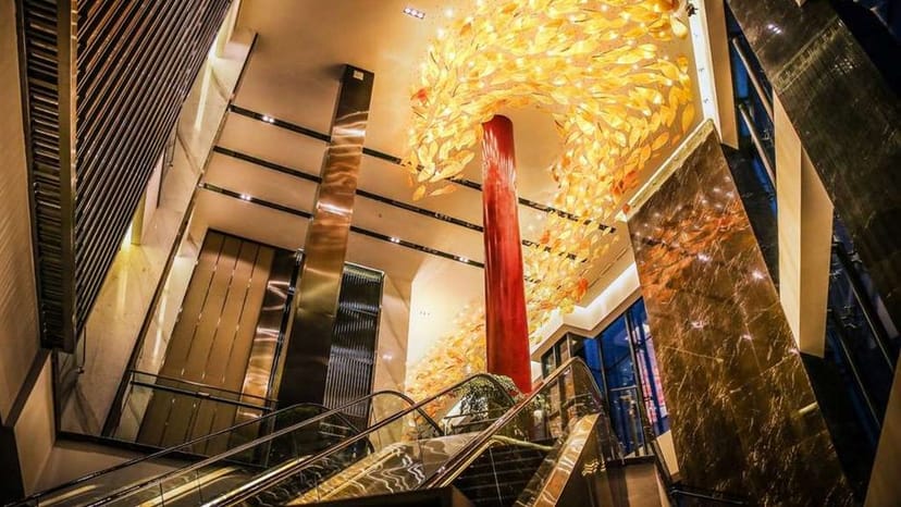 Modern conference room with artistic installation for upscale meetings and events.