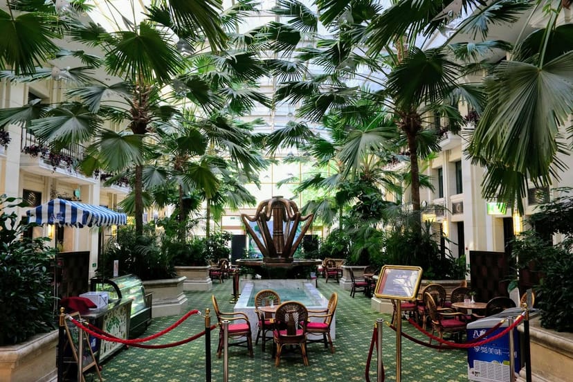Lush atrium at Jianguo Hotel Beijing, perfect for networking events and receptions.