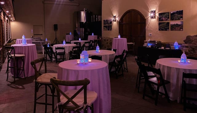 Elegant winery event space in La Honda with pink linens for intimate gatherings.