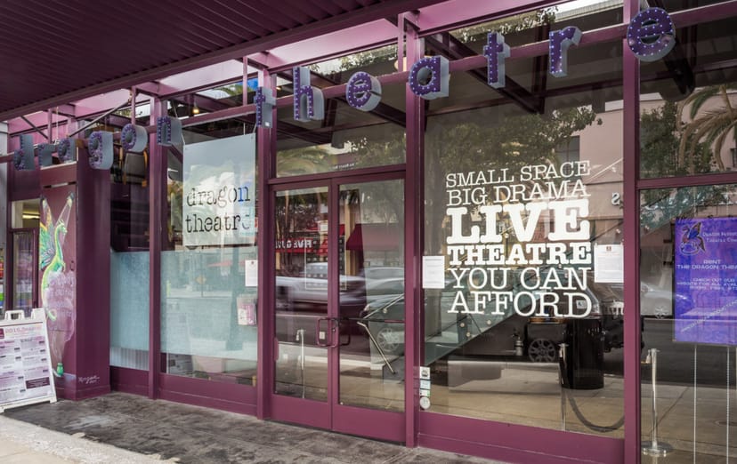 Main Stage at Dragon Theatre entrance, charming venue for live performances and events.