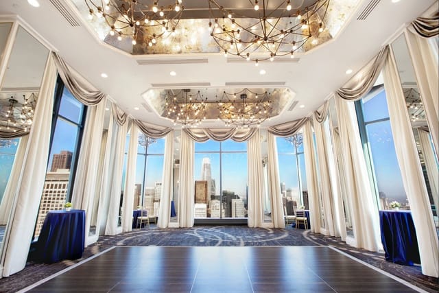 Westin St. Francis corporate event space with city views and modern chandeliers