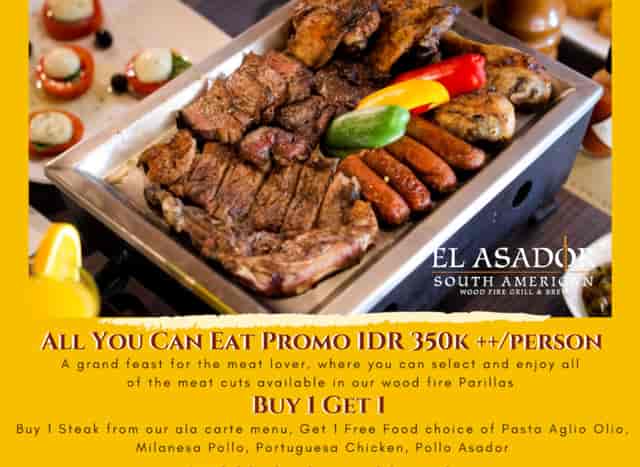 Promotional flyer for all-you-can-eat meat event at El Asador restaurant.