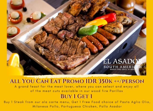 Promotional flyer for all-you-can-eat meat event at El Asador restaurant.