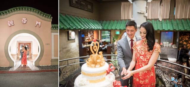 Elegant wedding celebration in Koi Palace banquet hall with couple cutting cake.