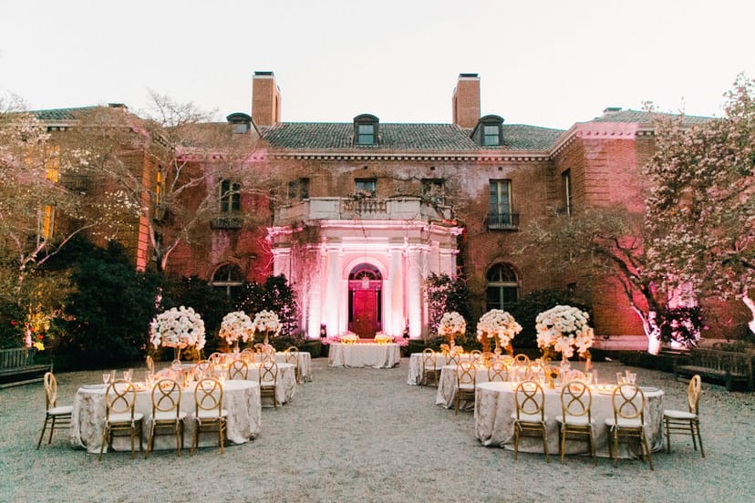 Ballroom Terrace at Filoli: elegant outdoor wedding setup with romantic floral centerpieces.