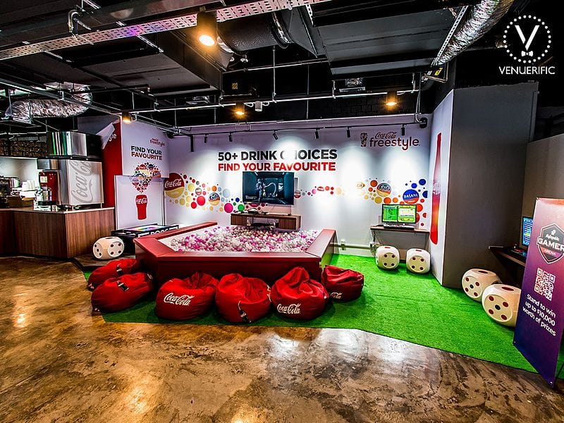 Vibrant party space with bean bags for creative networking events and casual gatherings.