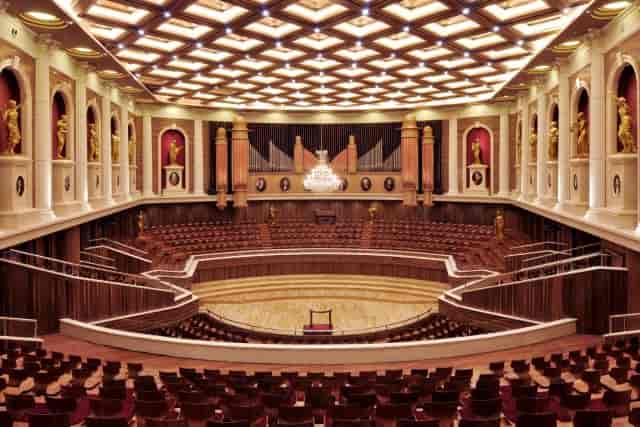 Aula Simfonia Jakarta concert hall with ornate decor, ideal for conferences and gala events.