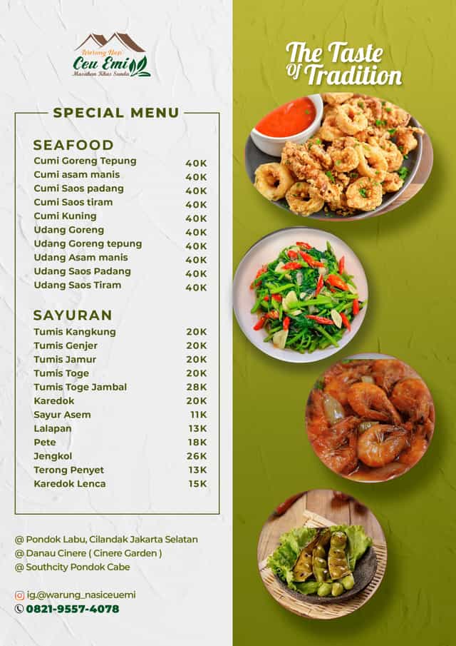 Vibrant seafood and vegetable menu for event catering at Warung Nasi Ceu Emi.