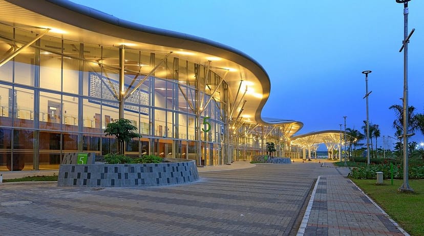 Modern conference center in Indonesia with glass facades, ideal for corporate events and exhibitions.