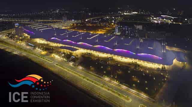 Aerial view of Indonesia Convention Exhibition at night, ideal for large events and conferences.