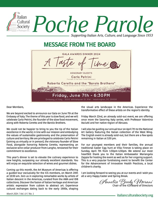 Elegant gala invitation for "A Taste of Time" awards dinner at Italian Cultural Society.