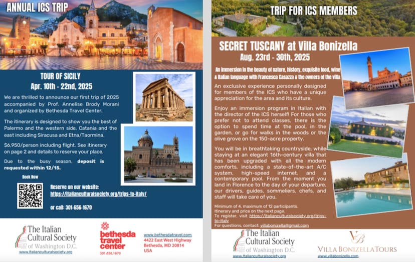 Promotional materials for Sicily tour and Villa Bonizella escape at Italian Cultural Society.