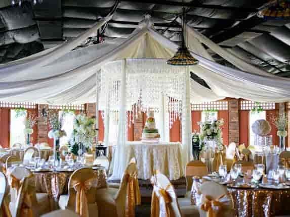 Elegant Quinceanera venue with luxurious lighting and decor at Le Jardin.