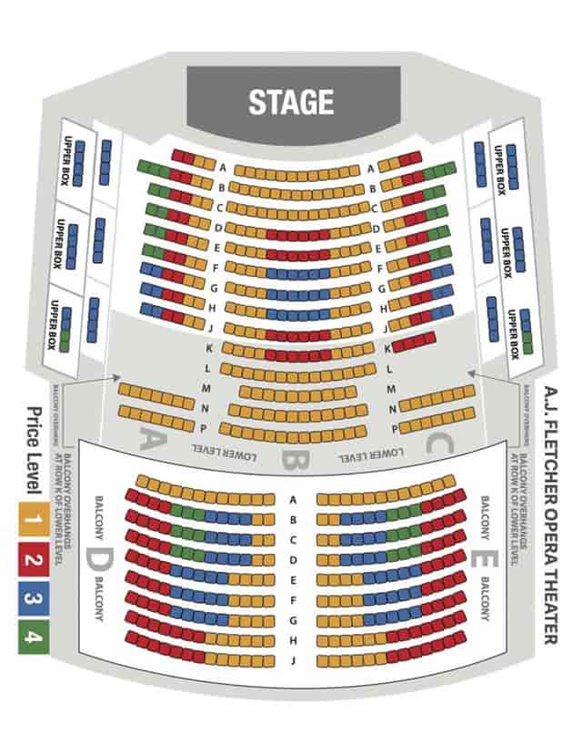 A.J. Fletcher Opera Theater seating chart with color-coded sections for events and meetings.