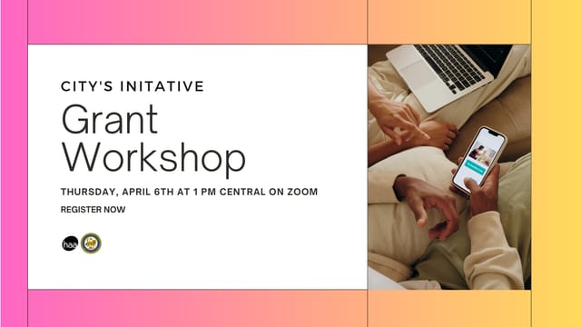Digital graphic for Houston Arts Alliance grant workshop, featuring Zoom accessibility and inviting colors.