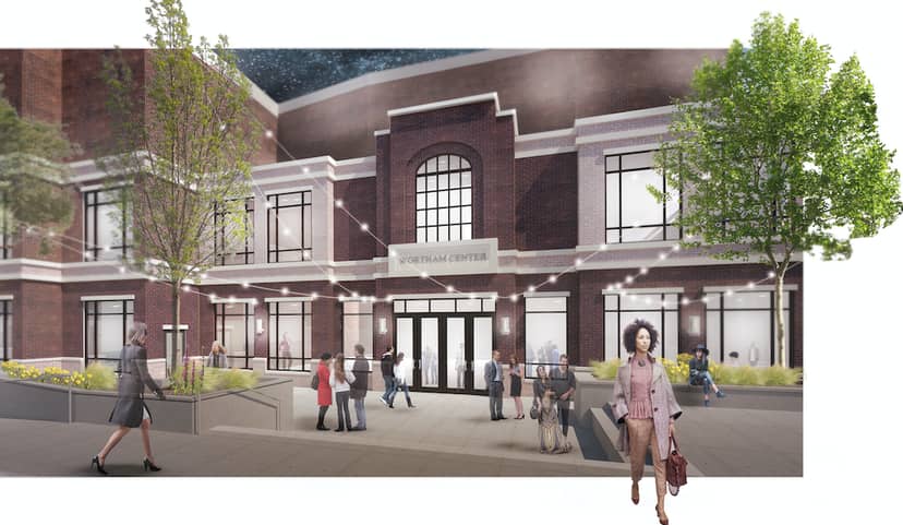 Henry LaBrun Studio facade with string lights, ideal for events and networking in Wortham Center.