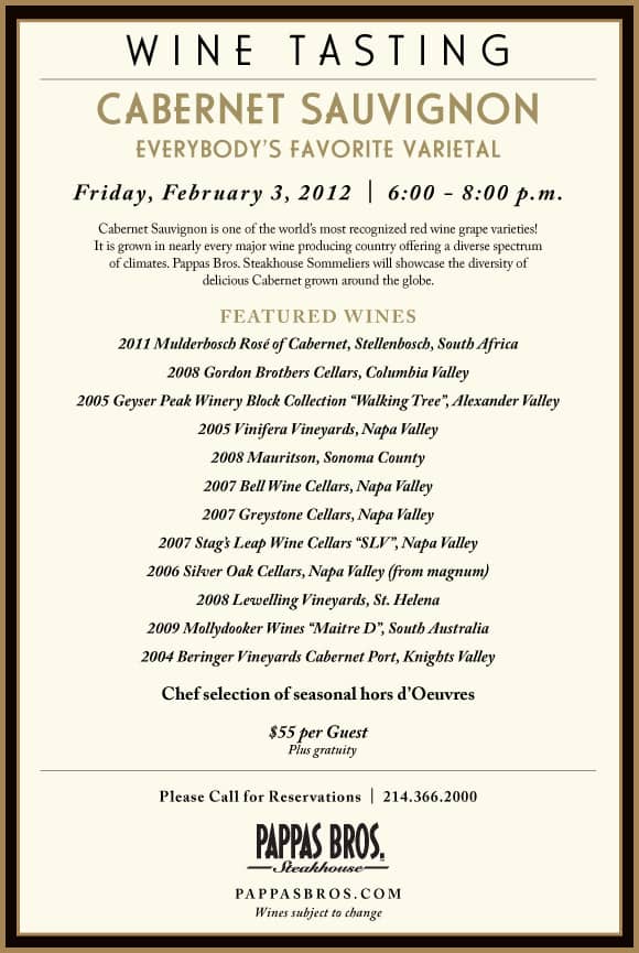 Curated Cabernet wine list for elegant tastings at Pappas Bros. Steakhouse.