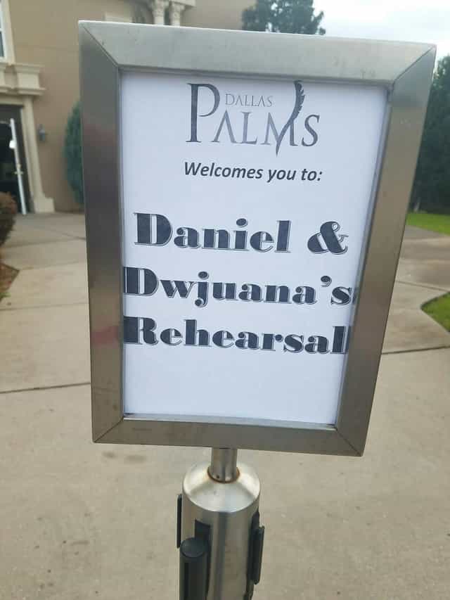 Wedding venue welcome sign at Dallas Palms for personalized rehearsal event planning.