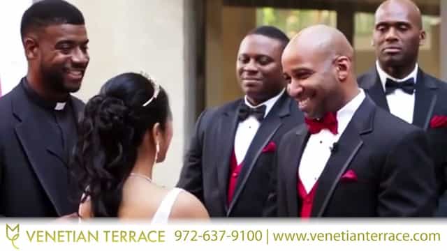 Wedding ceremony at Venetian Terrace with elegant attire and emotional connection.