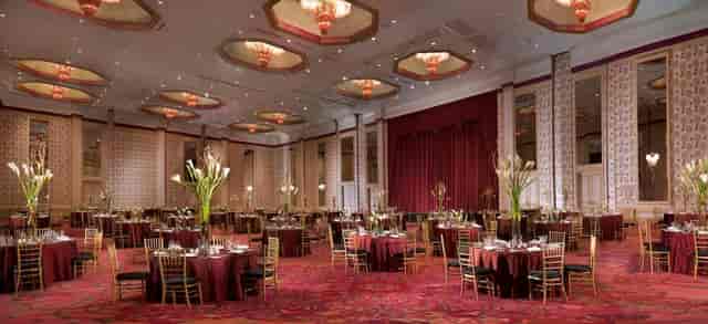 Elegant Stemmons Ballroom, ornate ceiling, perfect for banquets and corporate events.