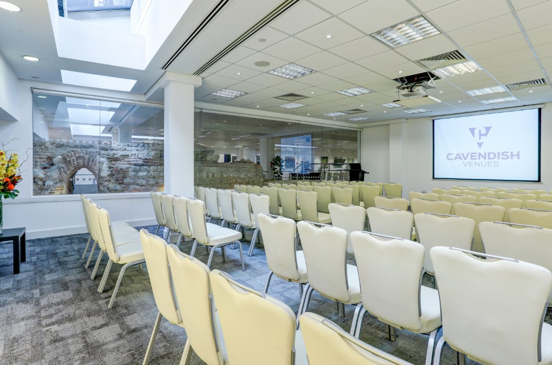 Modern event space at Walbrook, America Square, set for a presentation with stylish decor.