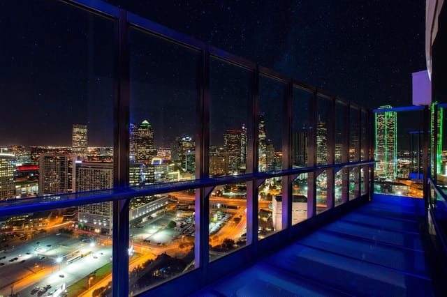 Rooftop view of W Dallas with city skyline, perfect for upscale events and receptions.