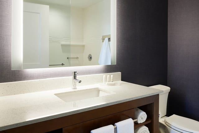 Modern bathroom at Residence Inn Dallas, featuring sleek design and ample counter space for events.