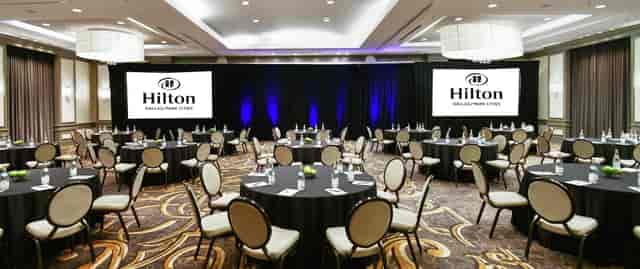 Ballroom at Hilton Dallas with elegant round tables, perfect for corporate events and banquets.