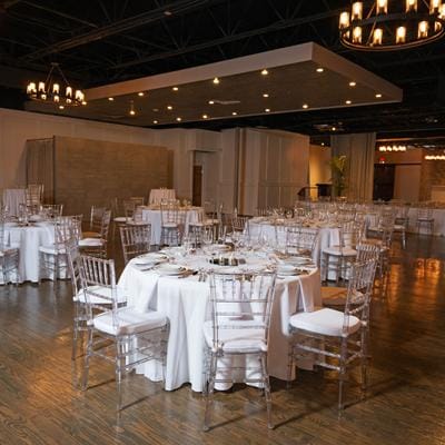 Elegant dining setup in Main Venue Space at Venue Forty|50, perfect for weddings and events.