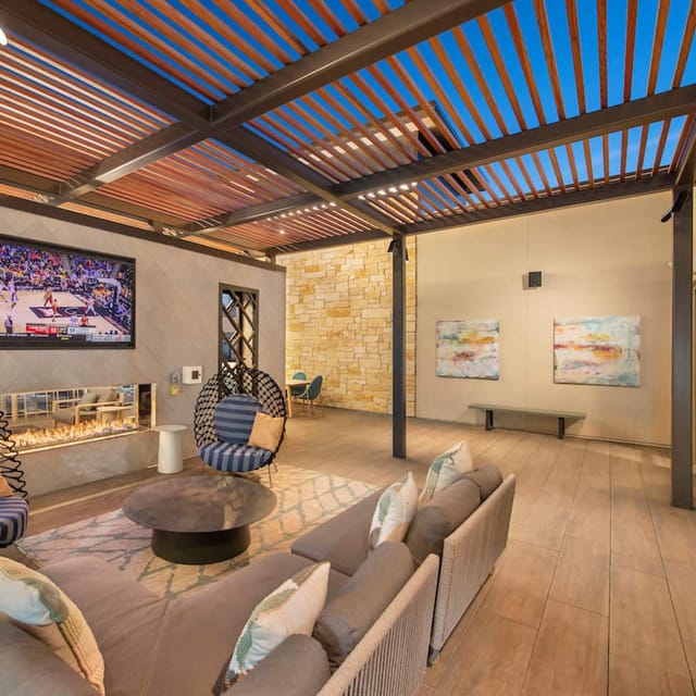 Stylish covered patio lounge at Venue Forty|50 for networking events and gatherings.