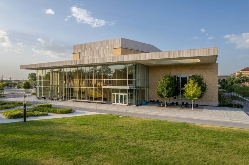 Van Cliburn Concert Hall at TCU, modern venue with glass windows for weddings and conferences.