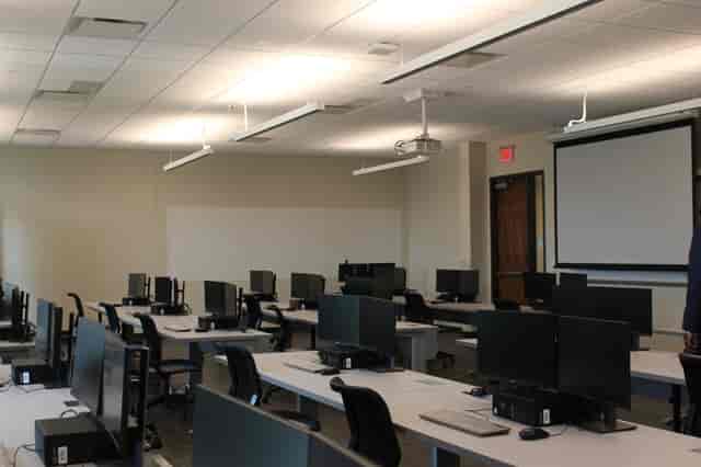 Modern classroom at Collin College for tech workshops and training sessions.